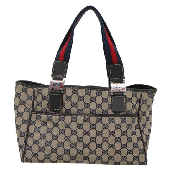 GUCCI GG Canvas Sherry Line Hand Bag Navy Silver - Picture 3 of 16